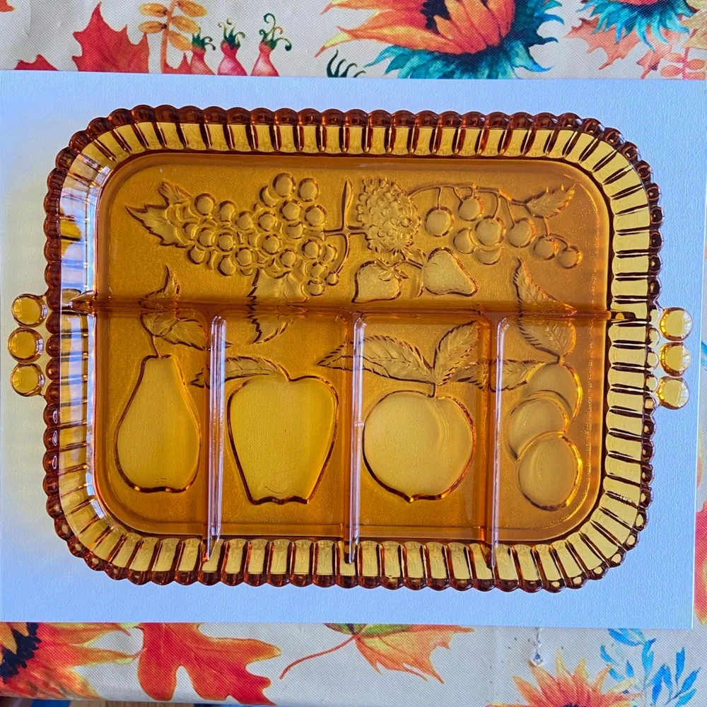 Indiana Glass fruits amber pressed glass divided relish tray 5 sections VINTAGE